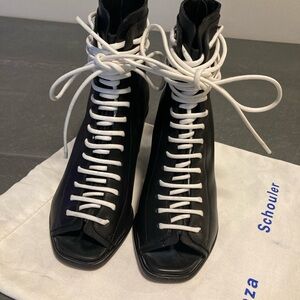 Proenza Schouler Black Leather Open-Toe Lace-Up Ankle Boots with White Laces